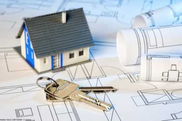 Ablauf eines Hausbaus - Baupläne mit Haus und Schlüssel